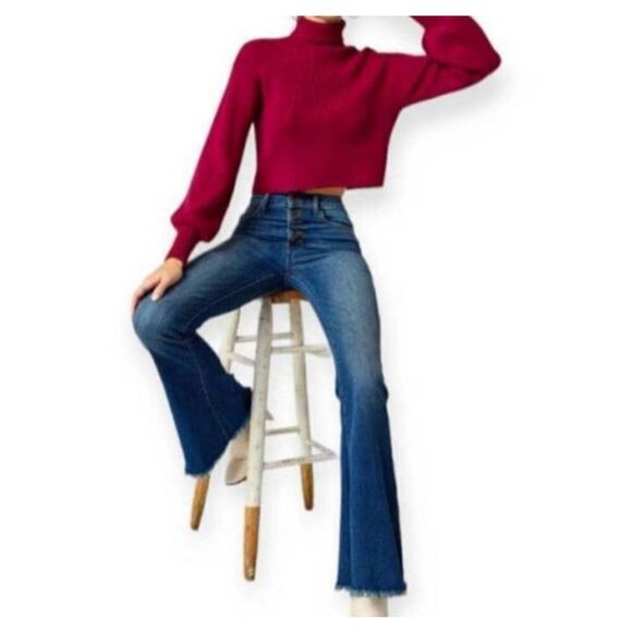 FRANCESCA'S BLUE RAIN BURGUNDY/FUCHSIA CROP BALLOON SLEEVE TURTLENECK SWEATER SZ - Picture 2 of 10